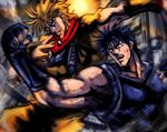  battle black_hair blonde_hair blood clenched_hands dio_brando duel fingerless_gloves gloves jojo_no_kimyou_na_bouken jonathan_joestar lowres male_focus manly multiple_boys muscle patsuki 