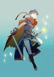  blue_eyes blue_hair cape fire_emblem fire_emblem:_souen_no_kiseki gloves headband ike male_focus rod solo super_smash_bros. sword uichi weapon 