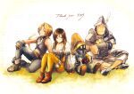  1girl 3boys adelbert_steiner arm_support armor black_hair blonde_hair bodysuit boots breasts brown_eyes choker cleavage closed_mouth crossed_arms final_fantasy final_fantasy_ix full_body garnet_til_alexandros_xvii gloves hat highres indian_style jewelry knees_up komugiko_no_mori long_hair monkey_tail multiple_boys necklace orange_bodysuit sitting smile sword tail vivi_ornitier weapon wizard_hat zidane_tribal 