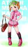  bag belt boro brown_eyes brown_hair child hair_ribbon handbag ichigo_mashimaro kneehighs matsuoka_miu necktie plaid ribbon short_twintails skirt socks solo striped twintails visor_cap 