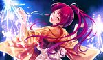  closed_eyes fireworks game_cg highres japanese_clothes kimono long_hair misaki_kurehito miyamae_tomoka night open_mouth outstretched_arms red_hair senkou_hanabi smile solo sparkler spread_arms suiheisen_made_nan_mile? 