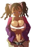  ayukawa_miyuki bandaid bandaid_on_face basquash! black_hair breasts brown_hair bursting_breasts dark_skin groin hairlocs huge_breasts midriff nekomamire purple_eyes simple_background solo twintails underboob very_dark_skin white_background 