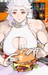 1girl absurdres breasts burger cleavage_cutout clothing_cutout dorohedoro food highres holding holding_burger holding_food jewelry korean_commentary long_hair multiple_piercings multiple_rings muscular muscular_female mushroom noi_(dorohedoro) park_ongjol red_eyes ring solo sweatdrop white_hair 