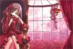  brown_eyes chair fishnet_legwear fishnet_stockings fishnets flower frills frilly legwear long_hair purple_hair rose sitting window 