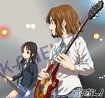  akiyama_mio amon_(mulciber) bass_guitar black_eyes black_hair blazer bow bowtie brown_hair dress_shirt electric_guitar guitar hirasawa_yui instrument jacket k-on! left-handed long_hair miniskirt multiple_girls pleated_skirt plectrum ribbon school_uniform shirt short_hair skirt smile stage_lights 