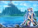  blue_eyes blue_hair bow_(weapon) elf game long_hair mountain olha olha_(ys) pointy_ears quiver rehda sitting water weapon ys ys_the_ark_of_napishtim ys_vi 