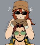  1boy 1girl brown_gloves brown_hair brown_hat brown_vest cleft_chin commentary eyewear_switch fio_germi glasses gloves green-tinted_eyewear grin hands_on_another&#039;s_head hat highres leaning_on_person metal_slug one_eye_closed pencilman_draws smile star_(symbol) sunglasses tarma_roving tinted_eyewear twitter_username vest yellow_vest 