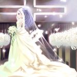  bouquet bride darker_than_black dress flower kotetsu_motoya petals ponytail solo train_(clothing) wedding wedding_dress white yin 