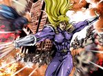  battle blonde_hair bodysuit building claw_(weapon) hokuto_no_ken long_hair looking_at_viewer male_focus outstretched_arms patsuki ruins shin_(hokuto_no_ken) skin_tight skyscraper solo very_long_hair weapon 