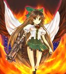  alternate_weapon arm_cannon bad_id bad_pixiv_id breasts brown_hair fire impossible_clothes impossible_shirt long_hair medium_breasts reiuji_utsuho shirt skirt solo takemori_shintarou touhou weapon wings 