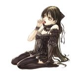  bad_id bad_pixiv_id black_dress black_hair black_legwear brown_eyes cherry dress feet food fruit gothic_lolita hair_ribbon hands lolita_fashion long_hair miura_yui original ribbon solo thighhighs very_long_hair 