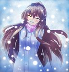  ^_^ aisaka_taiga arms_behind_back brown_hair closed_eyes coat happy hinata_sora long_hair scarf smile snow solo toradora! winter winter_clothes winter_coat 