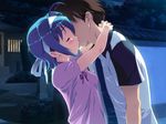  1girl ahoge ai_shimai_~docchi_ni_suruno!!~ bangs blue_hair blush brown_hair choker clenched_hands closed_eyes couple faceless faceless_male game_cg hair_between_eyes hair_intakes hair_ribbon hairband hetero honda_yuuna house hug kiss leaning_back leaning_forward night open_clothes open_shirt outdoors profile ribbon sameda_koban shinjou_takaya shirt short_hair sidelocks tree upper_body 