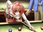  8_ball bending bent_over billiards brown_eyes cue_stick elbow_gloves gloves long_hair pool_table uniform 