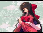  blush bow brown_eyes brown_hair floral_print hair_bow hair_ribbon hands_together head_tilt japanese_clothes kimono long_hair looking_at_viewer obi original own_hands_together refeia ribbon sash sidelocks solo very_long_hair 