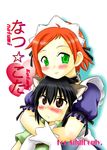  1girl absurdres animal_ears black_hair blush brown_eyes choker dog_ears gloves green_eyes highres hoshikawa_tsukimi hug hug_from_behind inugami_kotarou mahou_sensei_negima! maid murakami_natsumi red_hair short_hair 