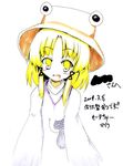  hat long_sleeves maiku moriya_suwako open_mouth smile solo touhou traditional_media translation_request yellow_eyes 