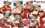  1girl absurdres artist_name breasts burnt_food character_name cleavage cup dead_animal disposable_cup dragon_girl dragon_maid_(murgoten) dragon_tail english_text fish highres huge_breasts multiple_views murgoten navel original plate pointy_ears solo spiral_horn sweat sweater tail 