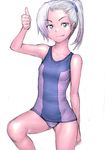  bare_shoulders blue_eyes fang flat_chest fumio_(rsqkr) one-piece_swimsuit original short_hair side_ponytail silver_hair solo swimsuit thumbs_up 