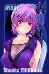  ayane_(doa) breasts cleavage dead_or_alive fishnets hair_ribbon hits large_breasts min-naraken purple_hair red_eyes ribbon short_hair sideboob solo 