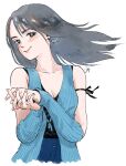  1girl arm_ribbon arm_warmers black_eyes black_hair blue_arm_warmers blush commentary_request earrings final_fantasy final_fantasy_viii floating_hair highres jas_(jasjasjasart) jewelry long_hair own_hands_together ribbon rinoa_heartilly sleeveless_duster smile solo white_background 