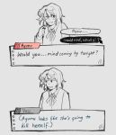  1girl :d character_name commentary cursor dialogue_options english_commentary english_text greyscale hair_bun hair_ornament hairclip highres jitome long_sleeves looking_at_viewer looking_to_the_side love_live! love_live!_nijigasaki_high_school_idol_club medium_hair monochrome neck_ribbon nijigasaki_school_uniform omni_(comiomni) parody_request ribbon school_uniform single_side_bun smile spot_color tokimeki_no_mirai_chizu twirling_hair uehara_ayumu visual_novel winter_uniform 