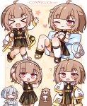  &gt;_&lt; 1girl :d ;) ? animal_ears arms_up asymmetrical_footwear asymmetrical_legwear bandaid bandaid_on_arm bandaid_on_cheek bandaid_on_face belt belt_buckle black_dress black_shoes black_socks blush border brown_background buckle chibi clam closed_eyes closed_mouth collared_dress commentary_request commission dress fang fang_out fangs grey_hair hana_kazari hands_on_headphones headphones headphones_around_neck headphones_removed highres holding holding_microphone jacket long_sleeves microphone million_production mismatched_footwear mismatched_legwear multiple_views necktie one_eye_closed open_clothes open_jacket otonose_raco otter puffy_long_sleeves puffy_sleeves red_eyes revision shoes skeb_commission sleeveless sleeveless_dress smile socks star_(symbol) tail virtual_youtuber white_border white_jacket white_socks xd yellow_belt yellow_necktie yellow_shoes 