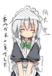  bow bowtie braid izayoi_sakuya maid maiku short_hair silver_hair smile solo touhou translated twin_braids 