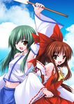  bare_shoulders bow brown_eyes brown_hair day detached_sleeves green_eyes groin hair_bow hakurei_reimu kochiya_sanae midriff multiple_girls navel one_eye_closed open_mouth sarashi sky smile touhou utakata_(kochou_no_yume) 