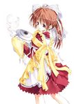  apron brown_hair cooking copyright_request dress gloves hair_ribbon looking_back ponytail pot ribbon solo sumi_keiichi 