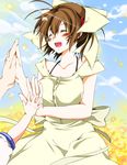 apron bad_id bad_pixiv_id blush bow breasts brown_hair clannad cloud day family field furukawa_nagisa hair_bow hair_ornament hairclip happy highres holding_hands jewelry large_breasts out_of_frame riku_yama ring sky smile solo_focus sunlight 