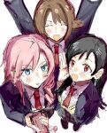  3girls black_hair blue_eyes blush brown_hair cellphone character_doll charm_(object) closed_eyes earrings final_fantasy final_fantasy_vii final_fantasy_x final_fantasy_xiii happy holding holding_phone in-franchise_crossover jewelry lightning_farron long_hair moogle multiple_girls necktie open_mouth phone pink_hair red_eyes school_uniform shen_0012 skirt smile tifa_lockhart yuna_(ff10) 