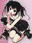  black_eyes black_hair collar frills frilly goth gothic hair_ribbon kneeling mouth_hold nail_polish ribbon short_hair 