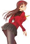  amagi_yukiko ass brown_eyes brown_hair cardigan glasses hairband hijiri_ruka houndstooth long_hair pantyhose persona persona_4 school_uniform serafuku skirt solo 