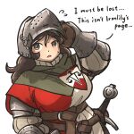 1girl balance_scale_print english_text gauntlets helmet highres knight murgoten ordo_mediare_sisters_(ironlily) sheath sheathed solo sword visor_(armor) weapon 