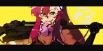  akutsu_(yuumi) bruise bullet grin gun hair_ornament hairclip injury long_hair mouth_hold ponytail red_hair smile solo tengen_toppa_gurren_lagann weapon yellow_eyes yoko's_day yoko_littner 