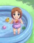  beidan blue_eyes blush brown_hair child copyright_request one-piece_swimsuit polka_dot polka_dot_swimsuit rubber_duck short_hair solo swimsuit wading_pool 