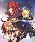  2boys bad_id bad_pixiv_id blonde_hair blue_eyes brown_hair emil_castagnier flower glasses gloves green_eyes hair_ornament long_hair marta_lualdi multiple_boys red_hair richter_abend scarf smile sword tales_of_(series) tales_of_symphonia tales_of_symphonia_knight_of_ratatosk weapon ytk 