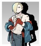  1boy abs absurdres arm_up asymmetrical_hair barcode barcode_tattoo blonde_hair blue_eyes blue_pants border closed_mouth collarbone denim dot_nose drop_shadow ed_(street_fighter) fingernails frown groin hand_wraps highres jacket jacket_partially_removed jeans jewelry long_sleeves looking_to_the_side male_focus male_underwear male_underwear_peek multicolored_jacket navel necklace outside_border pants sach56000 shoulder_tattoo sideways_glance solo standing street_fighter street_fighter_6 tattoo topless_male underwear unzipped white_border zipper zipper_pull_tab 