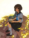  bag bench book bow brown_eyes brown_hair loafers long_skirt md5_mismatch original reading school_bag school_uniform shiwasu_takashi shoes short_hair sitting skirt socks solo 