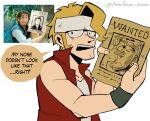  1boy blonde_hair cleft_chin commentary english_commentary english_text flynn_rider headband highres holding male_focus marco_rossi metal_slug open_mouth parody pencilman_draws red_vest reference_inset solo tangled twitter_username vest wanted_poster white_headband wristband 
