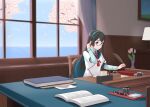  1girl black_hair blue_hairband blue_sailor_collar book chair cherry_blossoms commentary_request curtains day desk envelope flower geometrie glasses hairband highres holding holding_quill indoors kantai_collection lamp long_hair long_sleeves looking_at_viewer necktie ocean ooyodo_(kancolle) pen petals quill red_necktie sailor_collar sitting sky solo table tree tulip vase water window 