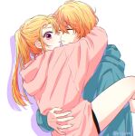  1boy 1girl absurdres aqua_hoodie asgykk black_shorts blonde_hair blush brother_and_sister carrying closed_mouth hair_between_eyes highres hood hoodie hoshino_aquamarine hoshino_ruby hug long_hair long_sleeves open_mouth oshi_no_ko pink_eyes pink_hoodie ponytail princess_carry short_hair shorts siblings 