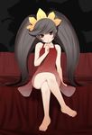  ashley_(warioware) bare_shoulders barefoot black_hair chemical-x crossed_legs feet finger_to_mouth long_hair navel red_eyes see-through shushing sitting solo twintails very_long_hair warioware 