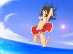  armpits barefoot bikini black_eyes black_hair blush breasts cleavage day hakurei_reimu medium_breasts ocean outdoors red_sarong sarong skirt sky solo swimsuit tokiwakinya touhou wardrobe_malfunction wind wind_lift 