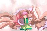  1girl bare_legs blue_eyes blush cuddling dragon eyes_closed fang flat_chest green_jacket green_shirt green_skirt hair_ornament hair_over_eyes hydreigon jacket patting pokemon pokemon_(anime) purple_hair red_eyes shirt shobu_(pokemon) simple_background skirt smile subaru_(artist) wings zweilous 