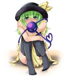  bad_id bad_pixiv_id black_legwear blush embarrassed green_eyes green_hair hat hat_ribbon highres holding_legs komeiji_koishi kumakichi. ribbon solo thighhighs third_eye touhou 