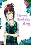  akizuki_ritsuko antenna_hair blush brown_hair cardigan closed_eyes collarbone flower folded_ponytail grin happy_birthday hydrangea idolmaster idolmaster_(classic) kyouno short_hair smile solo 