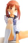  ahoge blush bow brown_eyes brown_hair cameltoe hair_bobbles hair_ornament hand_on_own_knee highres isshiki_momo long_hair looking_at_viewer misakamitoko0903 national_shin_ooshima_school_uniform orange_eyes red_hair school_uniform short_hair short_shorts shorts sitting sleeves_pushed_up smile socks solo spread_legs twintails vividred_operation 