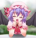  ascot bat_wings blue_hair blush brooch byeontae_jagga fang grin hat hat_ribbon jewelry open_mouth remilia_scarlet ribbon short_hair smile solo table touhou wings wrist_cuffs 